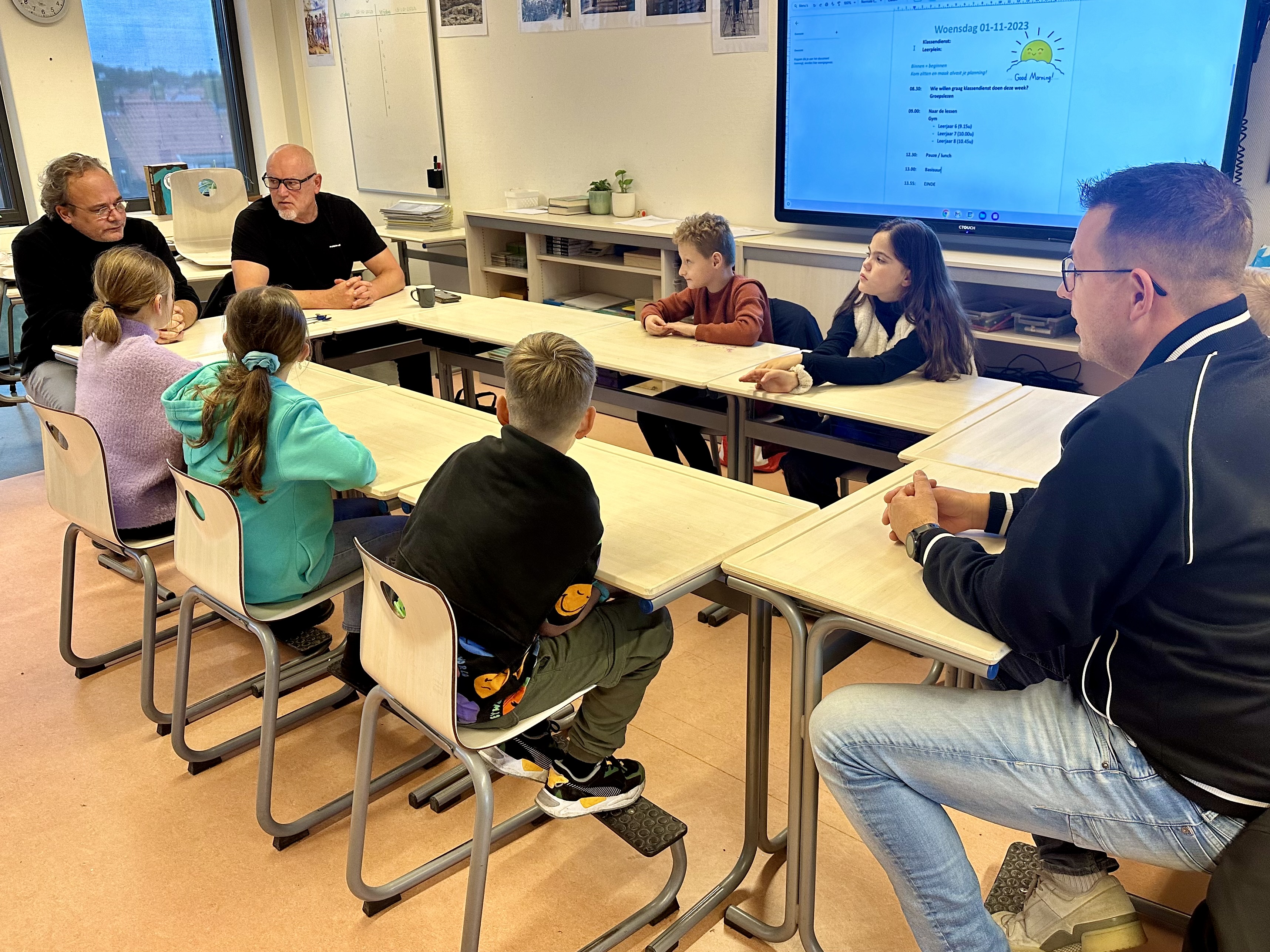 Leerlingpanel in overleg met de wijkbeheerder over speeltuin